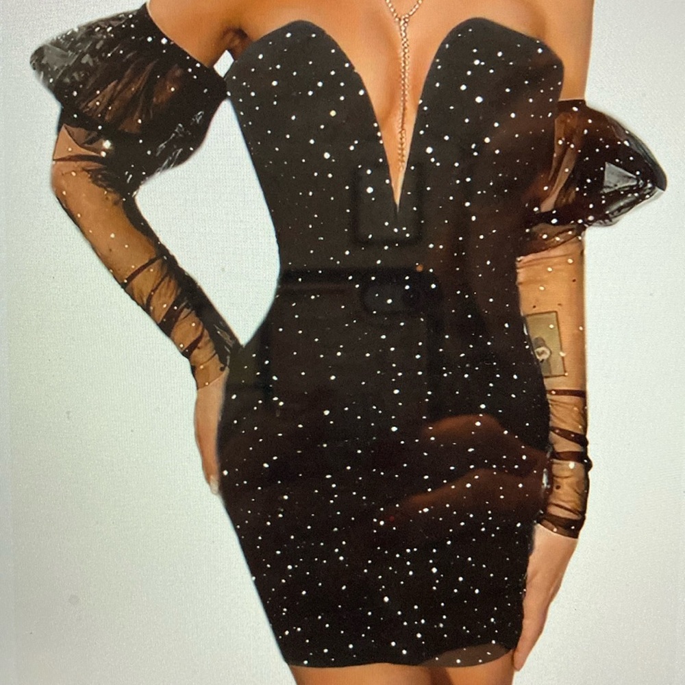 off shoulder sprackly mini dress mesh sleeves black Large